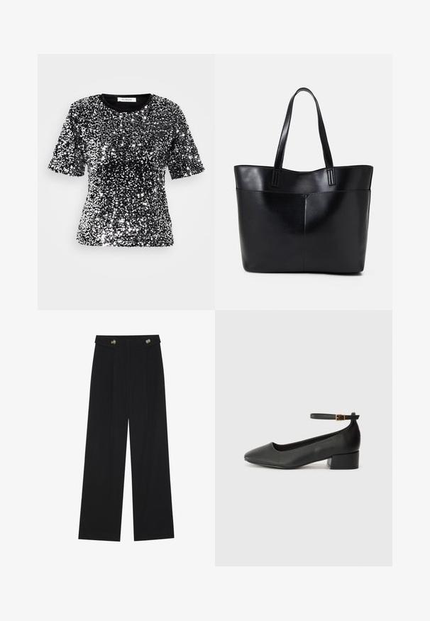 T-shirt nero a maniche corte, completamente ricoperto di paillettes argentate lucide, con colletto a girocollo e finitura tessile liscia. Etichetta visibile sul colletto.; Pantaloni neri a gamba larga con vita alta, dettagli con bottoni in vita e pieghe frontali.; Pump in pelle nera con punta affusolata e tacco basso a blocco. Presenta una cinghia alla caviglia con una fibbia in tonalità oro. Texture liscia.; Borsa a tracolla in pelle nera con due manici lunghi, una texture liscia e una forma strutturata. Presenta una tasca frontale per ulteriore spazio di archiviazione.