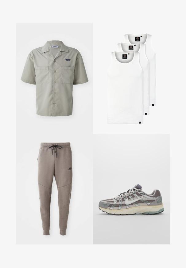 Korte mouwen, lichtgrijs overhemd met knoopjes, gemaakt van een soepele stof met twee voorzakken en een blauw geborduurd logo op de borst.; Drie witte geribde tanktops van katoen. Kenmerken zijn een ronde hals en kleine zwarte labels nabij de zoom. Verkrijgbaar in meerdere maten.; Grijze Nike-sweatpants met een verstelbare tailleband, taps toelopende benen, zijzakken en opvallende naaddetails. Zachte, gestructureerde stof.; Grijze sportieve schoen met een bovenwerk van mesh en suede, witte accenten, een gevoerde zool en een onderscheidend ontwerp met reflecterende elementen.