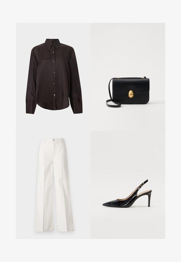 Dark brown long-sleeve shirt made of smooth fabric, featuring a pointed collar, button front, and rounded hem. Silver buttons accent the front.; White wide-leg trousers made from cotton with a smooth texture. Features a front button, zipper fly, and four-pocket design.; Black patent leather slingback pump with pointed toe, slim heel, and a subtle cutout design. Features a gold buckle on the strap.; Black leather handbag with a structured rectangular shape. Features a golden oval clasp and a thin shoulder strap. Smooth texture.
