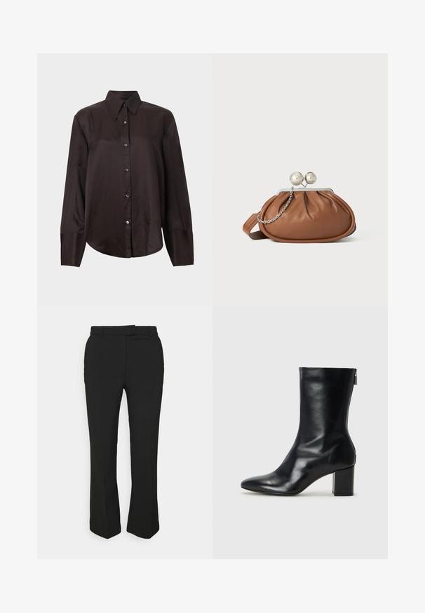 Cămașă maro închis cu mâneci lungi, din material fin, având guler ascuțit, nasturi frontali și tiv rotunjit. Nasturii argintii accentuează partea din față.; Pantaloni negri, croiți pe picior drept, cu bucle pentru curea și buzunare laterale. Fabricate dintr-un material neted, cu un finisaj curat.; Botină din piele neagră, cu vârf ascuțit și toc bloc de 4 cm. Design elegant, cu un fermoar lateral pentru o îmbrăcare ușoară. Textură netedă.; Plic din piele maro cu închidere din bilă argintie și un mic detaliu cu lanț argintiu pe un fundal alb.
