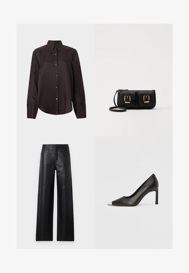 Tmavě hnědá košile s dlouhým rukávem z hladké látky, s špičatým límečkem, zapínáním na knoflíky a zaobleným lemem. Přední část zdobí stříbrné knoflíky.; Široké černé kožené kalhoty s hladkou texturou, s předními kapsami, zapínáním na knoflík a jemnými švy.; Černá kožená lodička na vysokém podpatku s špičatou špičkou a stříbrnou kovovou špičkou. Má hladký povrch a štíhlý 10cm podpatek.; Černá kožená crossbody taška se dvěma předními kapsami, zlatými přezkami, zipovým uzávěrem a štíhlým popruhem. Texturovaný povrch a kompaktní obdélníkový tvar.