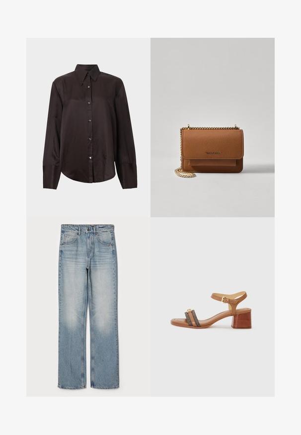 Camicia a maniche lunghe marrone scuro realizzata in tessuto liscio, con colletto appuntito, chiusura frontale con bottoni e orlo arrotondato. Bottoni argentati decorano il davanti.; Jeans in denim blu chiaro con vestibilità dritta, caratterizzati da una vita alta, design a cinque tasche e un leggero sbiadimento sulle cosce e sulle ginocchia.; Sandalo con tacco color cammello e punta quadrata, due cinturini marrone scuro e una fibbia dorata. Presenta un tacco a blocco impilato e una texture in pelle liscia.; Borsa a tracolla in pelle marrone con texture, dotata di catena dorata e chiusura a pattina. Sul davanti presenta un dettaglio con logo e una tasca sotto la pattina.
