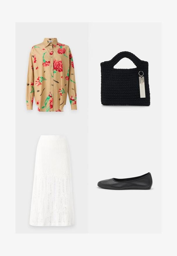 Hihaton beige paita, jossa on napitettavat kaulukset. Siinä on punaisia ja vihreitä kukkakuoseja sekä erilaisia mustia luonnoksia, kuten kyniä ja klipsuja.; Neule valkoinen midimittainen hame, jossa on teksturoitu kuvio, jossa on pystysuoria viivoja ja aukkoja helmassa. Joustava vyötärö. Pehmeä materiaali.; Musta nahkainen ballerina, jossa on pyöristetty kärki, sileä pinta, minimaalinen ommelkoristelu ja joustava pohjamuotoilu.; Won Hundred MARSIELLE COMPUTER BAG UNISEX - Tietokonelaukku - black