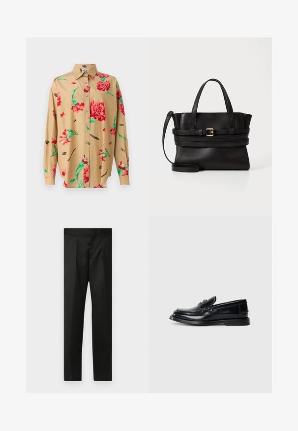 Beige long-sleeve shirt with a button-down collar. Features a red and green floral pattern and various black sketches, including pens and clips.; Black trousers featuring a smooth fabric, tailored design, straight legs, and a flat waistband with no visible closures or pockets.; Black leather loafer featuring a stitched design, a small front flap, and a flat rubber sole. Smooth texture with gold-tone hardware accent.; Black leather handbag with structured design, dual top handles, detachable strap, and gold buckle accent on a horizontal band.
