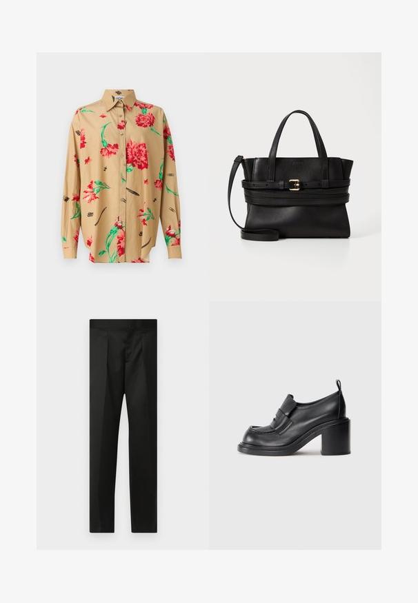 Béžová košeľa s dlhým rukávom a golierom na gombíky. Obsahuje červený a zelený kvetinový vzor a rôzne čierne náčrty, vrátane pier a svoriek.; Čierne nohavice s hladkým materiálom, strihom na mieru, rovnými nohavicami a plochým pásom bez viditeľných zapínaní alebo vreciek.; Čierne kožené topánky na podpätku s okrúhlou špičkou, výrazným pásom cez priehlavok a robustným podpätkom. Hladká textúra s minimálnym prešitím.; Čierna kožená kabelka so štruktúrovaným dizajnom, dvojitými hornými uchami, odnímateľným popruhom a zlatým prackovým akcentom na horizontálnej páske.
