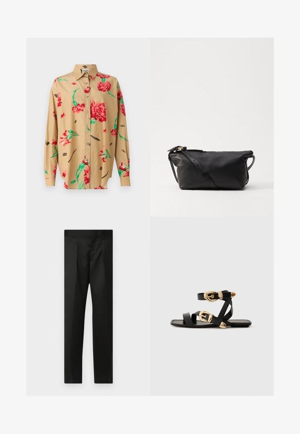Beige Langarmhemd mit Button-Down-Kragen. Verfügt über ein rot-grünes Blumenmuster und verschiedene schwarze Skizzen, darunter Stifte und Klammern.; Schwarze Hose aus glattem Stoff, maßgeschneidertem Design, mit geraden Beinen und einem flachen Bund ohne sichtbare Verschlüsse oder Taschen.; Schwarze Ledersandalen mit goldenen Schnallenakzenten, die mehrere Riemen und ein flaches Sohlendesign für das Tragen mit offenen Zehen bieten.; Schwarze Lederhandtasche mit weicher, rechteckiger Form. Verfügt über einen abnehmbaren Tragegurt mit verstellbaren Löchern und einem goldenem Verschluss. Glatte Textur.