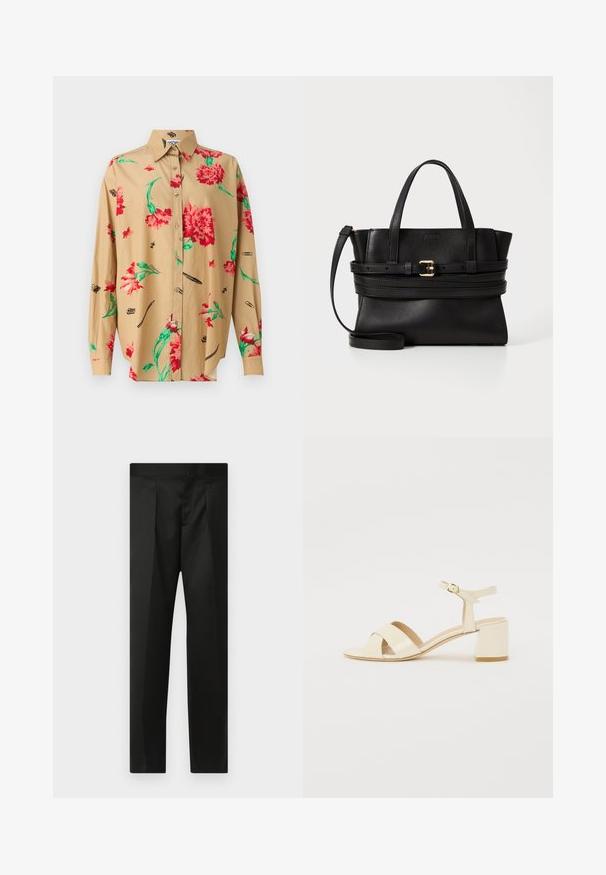 Beige pikkade varrukatega särk, millel on nööpidega krae. Omab punase ja rohelise lillemustrit ning mitmeid musta sketše, sealhulgas pliiatseid ja klampe.; Mustad püksid, millel on sile kangas, täpselt valmistatud disain, sirged sääred ja lame vöökoht, ilma nähtavate kinnituste või taskuteta.; Beež patentnahast kontsaga sandaalid, millel on risti rihmad, avatud varvas, reguleeritav pahkluu riba ja plokk-konts. Sile tekstuur.; Mustmust leatherist kott, millel on struktureeritud disain, kahekordne ülemine käepide, eemaldatav rihm ja kuldne pandlaaksent horisontaalsel ribal.