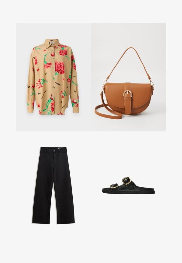 Bežira košulja dugih rukava s ovratnikom na tipku. Sadrži crveno-zeleni cvjetni uzorak i razne crne skice, uključujući olovke i spajalice.; Crne široke traperice s visokim strukom, s prednjim i stražnjim džepovima, šivenim šavovima i kopčanjem na gumb. Glatka tekstura.; Crne sandale na klizanje s dva zlatna akcenta u obliku kopči, glatkog teksturiranog materijala, ravnim potplatom i minimalističkim dizajnom.; Smeđa kožna torba preko tijela s zakrivljenim oblikom, zlatnim metalnim detaljima i naglaskom na kopču. Ima odvojivu naramenicu.