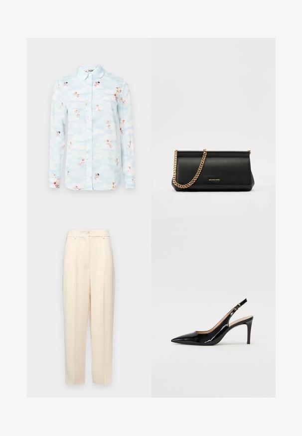 Ανοιχτό μπλε πουκάμισο με μακριά μανίκια και κουμπιά, με στρογγυλή γιακά, διακοσμημένο με σχέδιο αγγέλων και σύννεφων.; Μπεζ παντελόνι με ραφή, κανονικής εφαρμογής, με πιέτες στο μπροστινό μέρος, λεία υφή και μέτρια μέση. Χωρίς ορατές τσέπες.; Μαύρη πατέν κλίνγκμπακ άντρες με μυτερή μύτη, λεπτό τακούνι και διακριτικό σχέδιο κοψίματος. Διαθέτει χρυσό κούμπωμα στη λωρίδα.; Μαύρη δερμάτινη τσάντα πορτοφολιού με χρυσή αλυσίδα, που διαθέτει λεία υφή, ορθογώνιο σχήμα και ανάγλυφο λογότυπο στο μπροστινό μέρος.