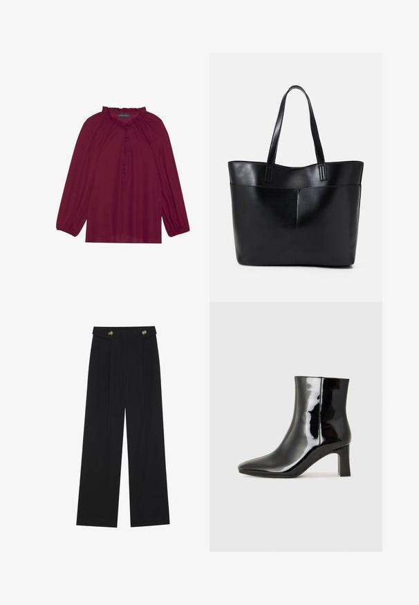 Blusa bordeaux com mangas bufantes longas, decote volumoso e fecho de botões à frente. Tecido suave e leve com uma textura lisa.; Calças largas pretas com cintura alta, detalhes em botão na cintura e pregas frontais.; Botim de tornozelo em pele sintética preta com bico apontado e salto bloco de altura média. Textura suave e design minimalista.; Bolsa tote preta em couro com duas alças longas, textura suave e forma estruturada. Apresenta um bolso frontal para armazenamento adicional.