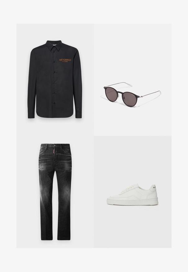 Juodas ilgomis rankovėmis marškinys, pagamintas iš lygaus audinio, su mygtukine priekyje, smailiu apykakle ir oranžiniu siuvinėjimu "JUST CAVALLI MILANO" ant krūtinės.; Juodi džinsai su tiesiu kirpimu. Spalvoti svyrantys plotai, šiek tiek sugadinti, klasikinis penkių kišenių dizainas ir mygtuko uždarymas.; Balti odiniai sportiniai bateliai su lygia apdaila, apvaliu pirštu, plokščiais raišteliais ir tekstūruotu padu. Pasižymi subtiliu logotipu ant kulno.; Juodos apvalios saulės akinių su tamsiais lęšiais ir plonomis metalinėmis šakomis. Įtraukti skaidrūs šventyklų galai ir sidabriniai akcentai vyrio srityje. Minimalistinis dizainas.