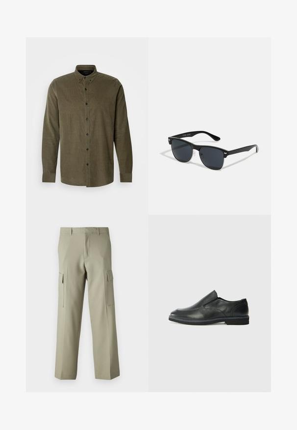 Olive green corduroy shirt with long sleeves, button-down collar, front button placket, and black plastic buttons. Soft textured fabric.; Light green cargo pants with a straight-leg design, featuring side pockets and a smooth fabric texture. Back view displayed.; Black leather slip-on shoe with a smooth upper, stitched accents, rounded toe, and a low rubber heel. Sole features minimal tread.; Black sunglasses with a rectangular shape, dark lenses, silver accents at the temples, and a matte finish on the frame.
