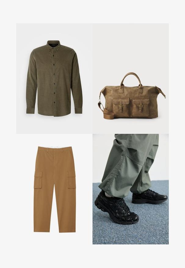 Olijfgroene corduroy shirt met lange mouwen, knoopsluiting met kraag, knoopsluiting aan de voorkant en zwarte plastic knopen. Zacht getextureerde stof.; Bruine cargobroek met twee zijzakken, een vlakke voorkant en een rechte pijp. Gemaakt van een duurzame stof met een gladde textuur.; Zwarte sport sneakers met glanzende en mesh texturen, voorzien van een dikke zool en veters, gecombineerd met losse olijfgroene cargobroeken.; Bruine leren weekendtas met twee voorzakken, verstelbare schouderband, gouden hardware en stevige handvatten aan de bovenkant. Strakke textuur.