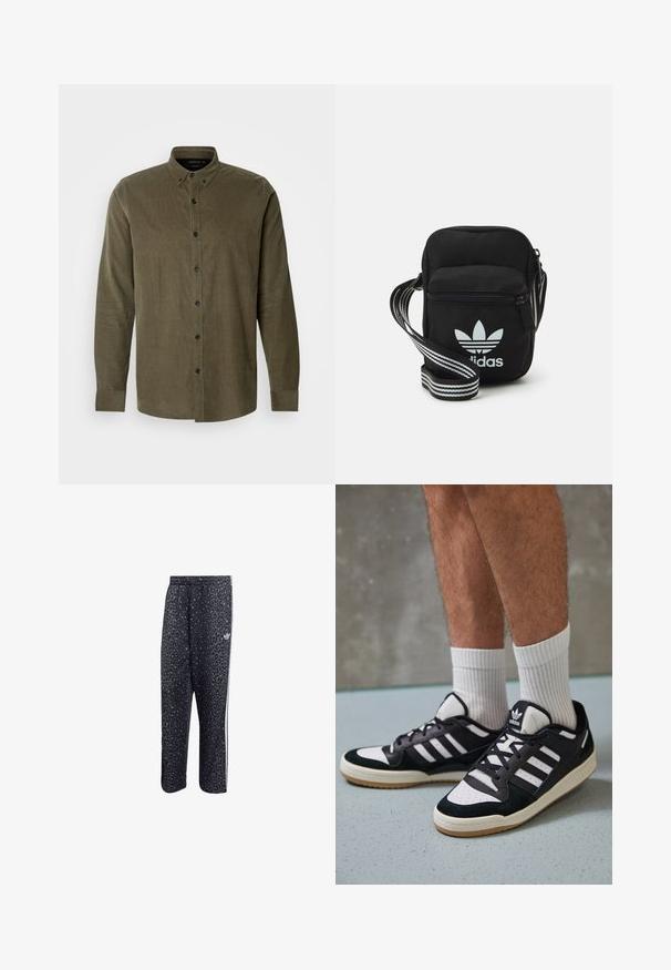 Olijfgroene corduroy shirt met lange mouwen, knoopsluiting met kraag, knoopsluiting aan de voorkant en zwarte plastic knopen. Zacht getextureerde stof.; Zwarte sportbroek met een luipaardpatroon, voorzien van een witte drie-strepenontwerp en een logo van een sportmerk aan de zijkant.; Zwart-witte sneakers met een bovenwerk van suede en leer, voorzien van drie witte strepen, een geperforeerde neus en een rubberen gumzool.; Zwarte stoffen schoudertas met een ritssluiting, voorzien van een wit Adidas-logo en een gestreepte, verstelbare schouderband voor gemakkelijk dragen.