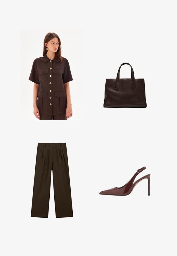 Brown short-sleeve button-up shirt with two front pockets and gold-tone buttons. Smooth texture and a classic collar design.; Brown linen trousers with a relaxed fit, featuring front pleats, a flat waistband, and wide, straight legs for a modern silhouette.; Dark brown patent leather pointed-toe slingback high heel with adjustable buckle strap and slim stiletto heel.; Brown leather tote bag with two elongated handles, structured rectangular shape, smooth texture, and subtle stitching details.