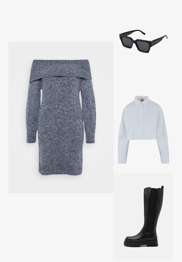Camicia bianca corta con colletto a punta, maniche lunghe e texture liscia. Presenta una patta frontale con bottoni abbinati.; Abito in maglia grigio scuro con scollatura off-the-shoulder, maniche lunghe e un motivo testurizzato su tutta la superficie.; Stivale nero al ginocchio realizzato in pelle liscia, con pannelli laterali elastici, suola platform spessa e texture scanalata sulla base.; Occhiali da sole neri con montatura spessa e lenti scure. Presentano un marchio sul braccio laterale. Finitura liscia con una texture opaca.