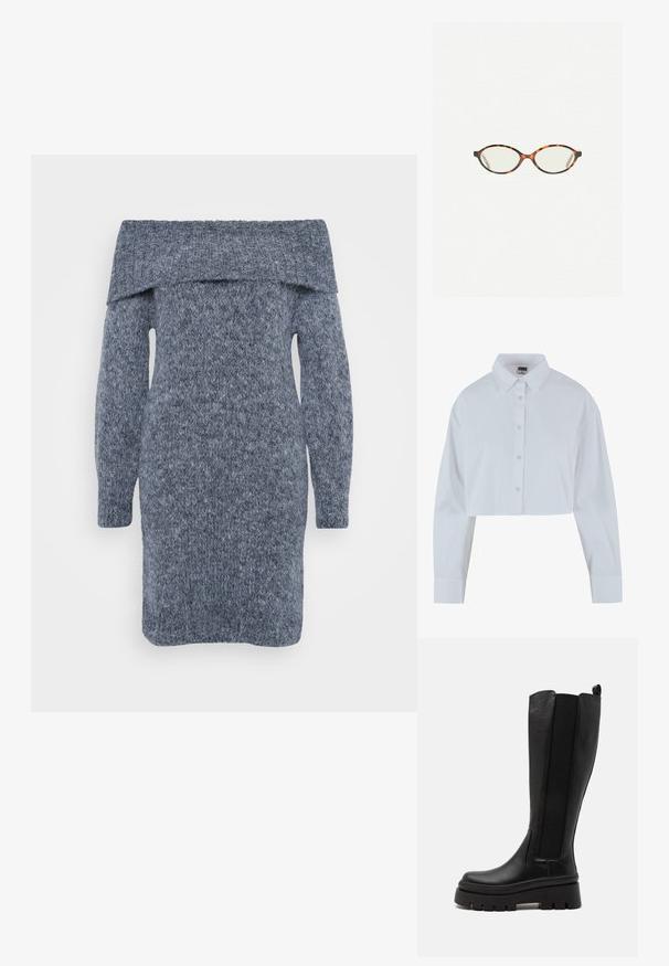 Avklippt vit skjorta med spetsig krage, långa ärmar och en jämn textur. Har en framfick med matchande knappar.; Stickad klänning i mörkgrått med off-shoulder halsringning, långa ärmar och ett texturerat mönster över hela.; Svarta knähöga stövlar i smidigt läder med elastiska sidopaneler, rejäl platåsål och ribbad struktur på basen.; Sköldpaddsmönstrade glasögon med ovala linser och en elegant, slät yta. Har tunna sidor med en subtil kurva vid tinningarna. Klara linser.
