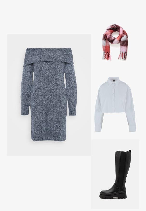 Afskåret hvid skjorte med spidse kraver, lange ærmer og en glat tekstur. Har en frontplacket med matchende knapper.; Strikket sweaterkjole i mørkegrå med off-the-shoulder halsudskæring, lange ærmer og et struktureret mønster hele vejen igennem.; Sorte knæhøje støvler lavet af glat læder med elastiske sidepaneler, chunky platformsål og ribbet tekstur i bunden.; Uldternet tørklæde i nuancer af rød, pink og grå, med en blød tekstur og frynser i enderne. Velegnet til lag-på-lag.; Brun syntetisk håndtaske med en blank overflade, der har to frontlommer, syede detaljer og dobbelte håndtag til bæring.