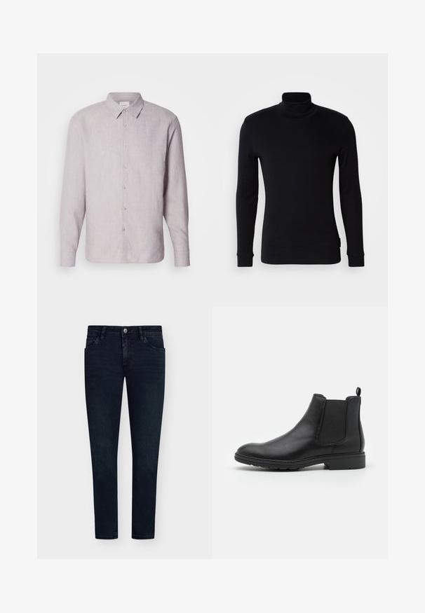 Camisa de lino gris claro con cuello, manga larga y cierre de botones. Presenta una textura sutil y botones perlados a lo largo de la botonera.; Camiseta de cuello alto de manga larga negra, hecha de una tela suave. Presenta un diseño ajustado con puños acanalados y una textura lisa. Sin patrones ni logotipos.; Vaqueros de mezclilla azul oscuro con un ajuste slim, diseño de cinco bolsillos, cierre de botón y un desvanecimiento mínimo. Frontal plano y aberturas de pierna estrechas.; Botín Chelsea de cuero negro con paneles laterales elásticos y una tira de sujeción, con punta redondeada y suela de goma texturizada.