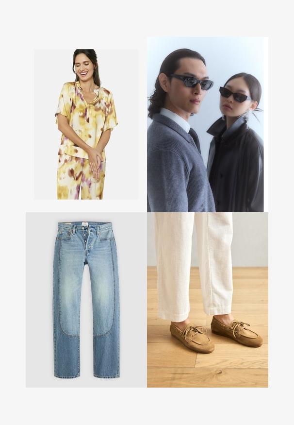 Bluzka z satyny w kolorze cytrynowym, z krótkimi rękawami, z abstrakcyjnym wielokolorowym wzorem w stonowanych odcieniach mauve i brązu. Luźny krój.; Jasnoniebieskie dżinsy o prostym, luźnym kroju z kontrastującymi detalami i pięcioma kieszeniami. Zapięcie na guziki.; Brązowe zamszowe buty żeglarskie ze sznurowadłami, z zaokrąglonym noskiem i szytymi detalami. Noszone z białymi spodniami z kordurowej tkaniny w drewnianym otoczeniu.; Okulary przeciwsłoneczne z kanciastymi czarnymi oprawkami na modelu w szarym swetrze, prezentujące teksturowany dzianinowy materiał oraz czarną skórzaną kurtkę noszoną przez innego modela.