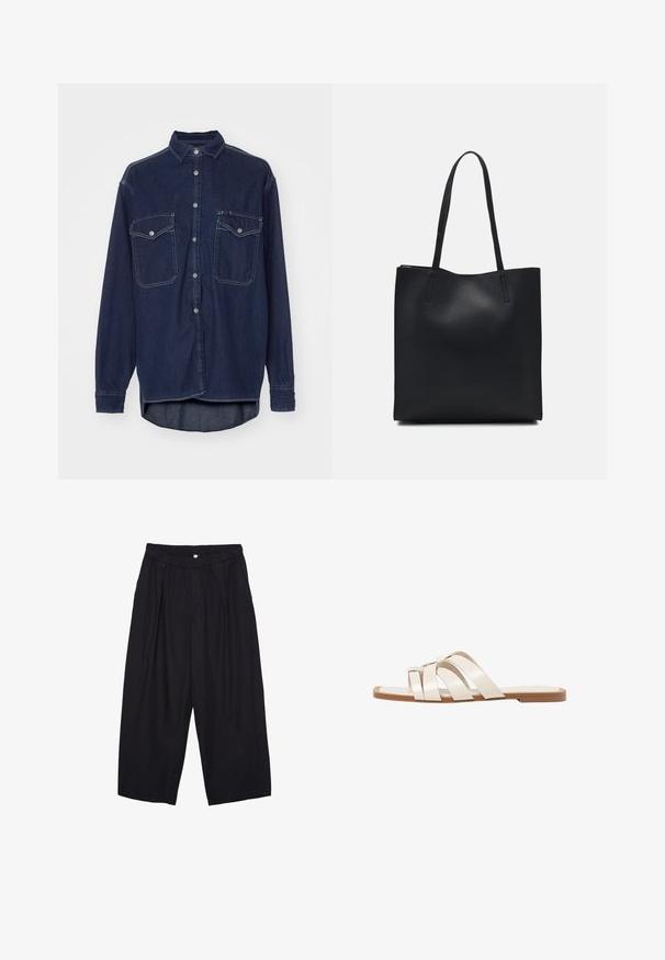 Camicia di denim blu scuro con chiusura a bottoni, due tasche sul petto e colletto a punta. Presenta cuciture bianche a contrasto e maniche lunghe.; Pantaloni culotte neri in poliestere con una cintura elastica, due pieghe frontali e una silhouette ampia. Nessun motivo visibile o dettagli in metallo.; Infradito con suola in gomma color talpa, progettate con tre cinturini in pelle bianca sovrapposti e un piccolo dettaglio a fiocco al centro.; Borsa tote in pelle nera con texture liscia, forma rettangolare e due manici lunghi. Nessun hardware o decorazione visibile.