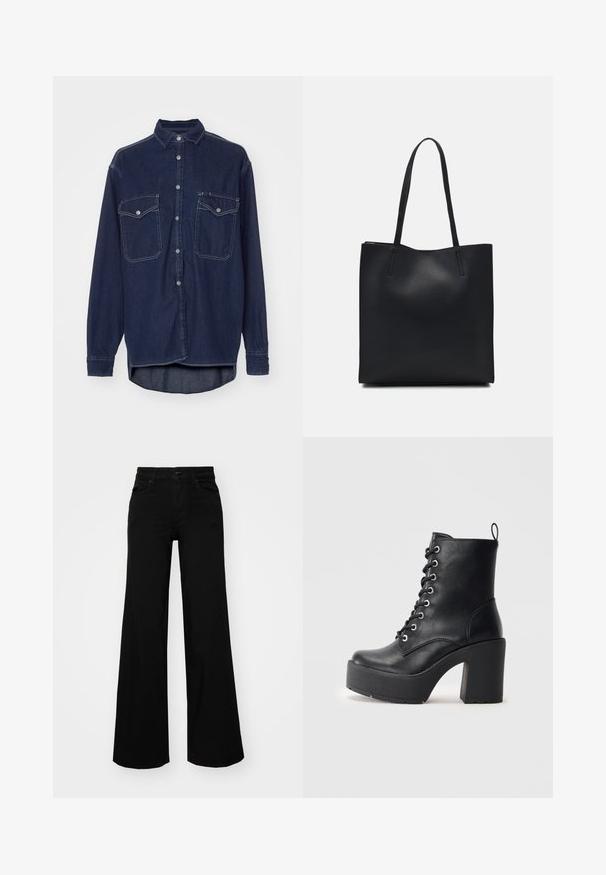 Tamsiai mėlynas džinsinis marškiniai su mygtukų užsegimu, dviem krūtinės kišenėmis ir smailiu apykakle. Pabrėžti balti siūlai ir ilgomis rankovėmis.; Juodos plačios kelnės iš denimo, turinčios struktūruotą juosmenį, diržo kilpas ir priekines kišenes. Lygus paviršius su klasikinio dizaino elementais.; Juodas odinis kulkšninis botas su masyviu padu, raišteliais priekyje ir tekstūruota paviršiumi. Ant jo užpakalinės pusės yra kilpytė, skirta patogiam užsidėjimui.; Juodas odinis tote krepšys su lygia tekstūra, stačiakampio formos ir dviem ilgais rankenomis. Matomų metalinių detalių ar puošybos nėra.