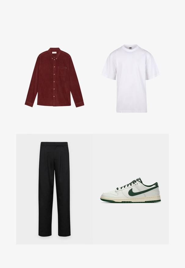 Punainen corduroy-paita, jossa on napitettava kaulus, pitkät hihat, etutasku ja kultasävytetyt napit. Jäykistetty kangas.; Valkoinen puuvillapaita, jossa on pyöreä kaula-aukko, lyhyet hihat ja rento leikkaus. Ominaisuuksina yksinkertainen muotoilu ilman kuvioita tai yksityiskohtia.; Mustat housut, jotka on valmistettu sileästä kankaasta, suoran lahkeen muotoilulla, kahdella etupleekillä ja tavanomaisella vyötäröllä, jossa on vyölenkit.; Valkoiset matalat tennarit, joissa tummanvihreä Nike-swoosh, nauhat ja pohjan korostukset, esitettynä profiilista yksinkertaisella valkoisella taustalla.