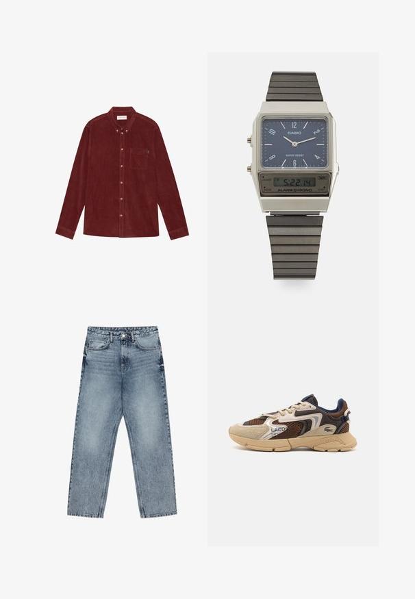 Red corduroy shirt with a button-down collar, long sleeves, front pocket, and gold-tone buttons. Textured fabric.; Light blue denim jeans with a straight leg cut, visible stitching, five pocket design, and a button closure at the waist.; Beige and brown sneaker with textured mesh panels, suede accents, and a rubber sole. Features lace-up design and branded detailing.; Casio digital watch with a blue dial, silver case, and layered black rubber strap. Displays time and alarm settings. Water resistant.