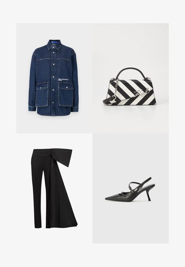 Chaqueta de denim en azul oscuro, con cuello, botones a presión, dos bolsillos en el pecho y bordado de la marca "Karl Lagerfeld Jeans".; Pantalones negros con un ancho detalle de cinta drapeada en la cintura. Tejido suave, corte recto de pierna y cinturilla plisada.; Tacones slingback de cuero negro con punta afilada, tacón delgado y detalle decorativo de hebilla en la parte superior. Textura suave y diseño elegante.; Bolso de mano a rayas en blanco y negro con una forma estructurada, que cuenta con un asa superior, una correa de cadena desmontable y un acento de logo metálico.
