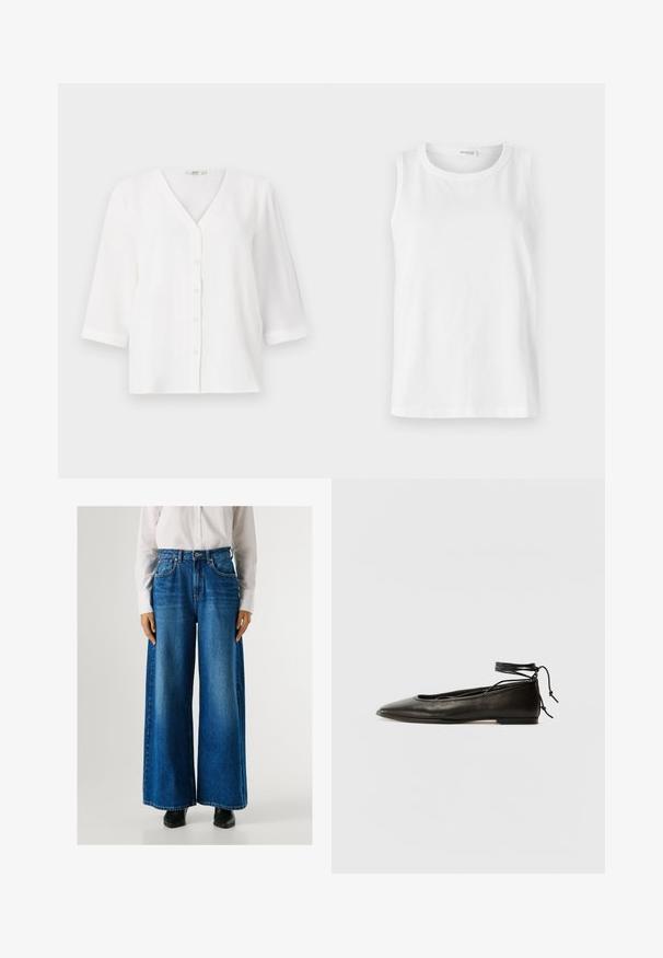 Hvid bluse med V-udskæring og seks knapper foran. Har trekvartærmer og en afslappet pasform. Blødt, struktureret stof.; Hvid udenærmet top lavet af blød bomuld. Har en rund halsudskæring og lige snit. Enkelt design uden synlige mønstre eller detaljer.; Blå vidde jeans med høj talje, lavet af denim, med forlommer og knappelukning. Glat tekstur med en klassisk vask.; Sorte læder ballerinaer med spids tå, ankelbinding og flad sål, der har en glat tekstur og minimalistisk design.