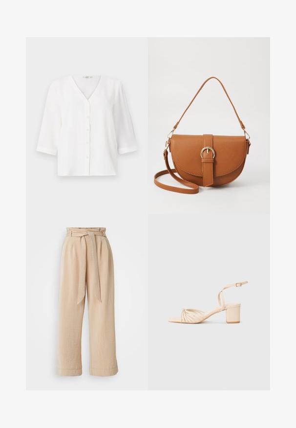 Blouse blanche avec un décolleté en V et six boutons sur le devant. Dotée de manches trois-quarts et d'une coupe décontractée. Tissu doux et texturé.; Pantalons beige à jambe large avec une taille ceinturée, fabriqués en tissu texturé. Présente un pli avant et une finition lisse le long de l'ourlet.; Sandale à talon beige à lanières avec un bout carré, un design avant tordu, une bride de cheville et un talon carré. Texture lisse, style minimaliste.; Sac bandoulière en cuir marron avec une forme incurvée, quincaillerie dorée et un accent en boucle. Comprend une bandoulière détachable.