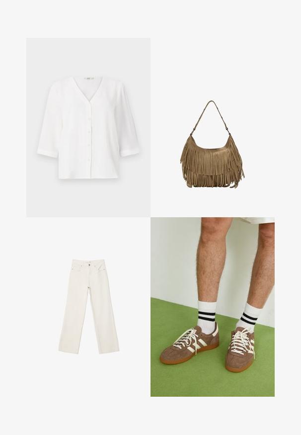 Blusa bianca con scollatura a V e sei bottoni frontali. Presenta maniche tre quarti e una vestibilità comoda. Tessuto morbido e текстurizzato.; Jeans bianchi a gamba larga in denim, con vita alta, tasche anteriori e chiusura con bottone. Design pulito e minimal con pochi dettagli.; Sneaker in suede marrone con dettagli e lacci bianchi. Suola in gomma color gomma. Indossati con calzini bianchi con righe nere. Pavimento verde texturizzato.; Borsa a tracolla in suede marrone con lunghi dettagli in frange, forma curva e una singola tracolla. Presenta una superficie liscia e testurizzata.