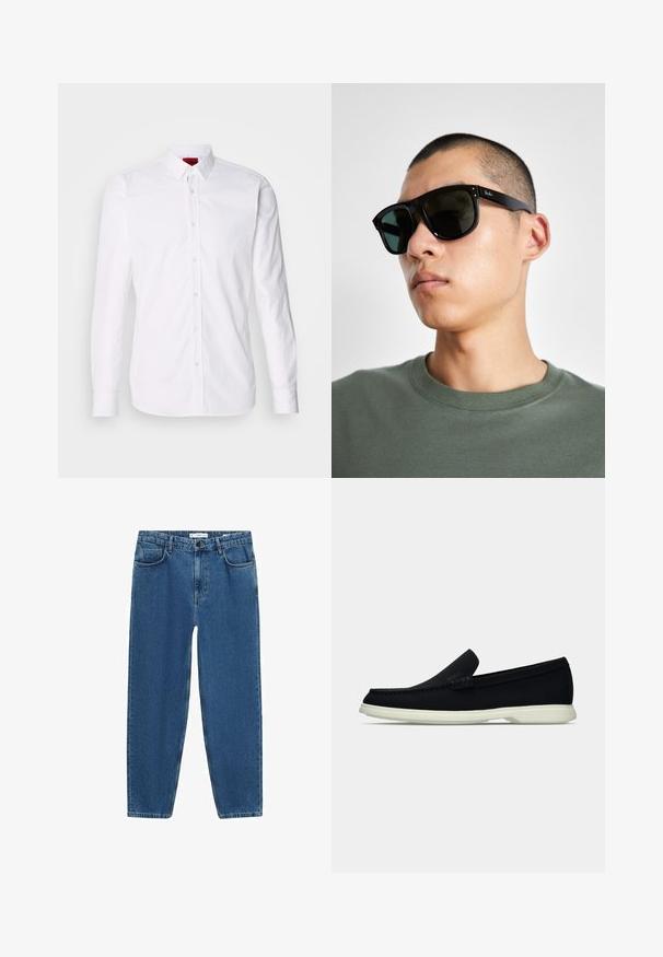 Bela dolga srajca z dolgimi rokavi, ki ima klasičen ovratnik, sprednji del s placketom in gumbi ter gladko bombažno teksturo.; Svetlo modri kavbojki z ravnim krojem, ki imajo klasičen petnamenski stil in gumbasto zapiranje pri pasu.; Črne slip-on čevlje z zaobljenim nosom, ki imajo strukturirano zgornji del, gladek bel podplat in subtilen logotip na strani.; Črne pravokotne sončna očala s temnimi lečami, ki imajo značilno obliko in blagovno znamko na ročaju. Nosijo jih oseba v zeleni majici.