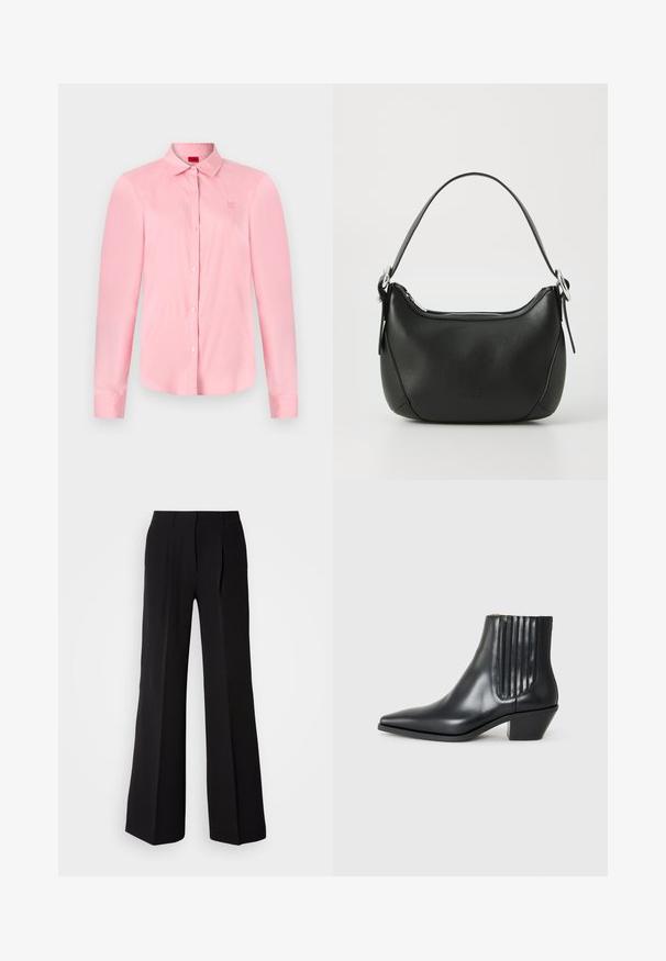Heledad roosa pikkade varrukatega särk, millel on nööpidest ees ja krae; särgil on rindkere kohal diskreetne tikandlogoga ja sile kangastekstuuri.; Mustadest ühtlasest kangast püksid, mis on kõrge vöökohaga, laia säärepikkusega ja kahel ees oleval voldil lisatud disaini detailideks.; Must kõva nahast ankle boot terava varbaga, elastsete külgpanelide ja vertikaalsete soontega ning madala ploki kontsaga. Sile tekstuur ja stiilne disain.; Must mustast nahkaga kott, millel on kaarjas kuju, hõbedane tõmblukk ja lühike käepide. Ees on peen logo ning kott on sileda tekstuuriga.
