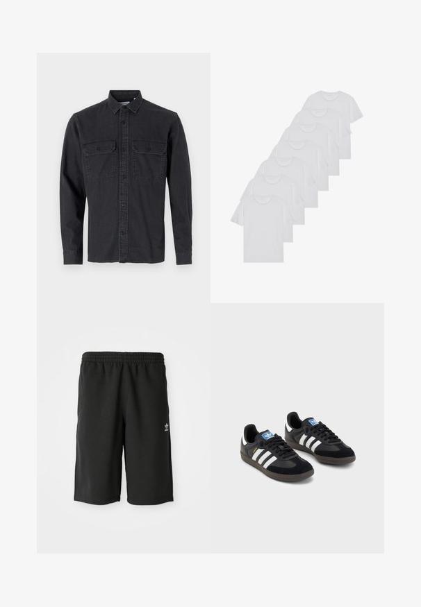 Langärmliges, dunkelgraues Hemd mit Knöpfen aus Baumwollmischung, das über zwei Brusttaschen und ein klassisches Kragendesign verfügt.; Weiße Baumwoll-T-Shirts, kurze Ärmel, Rundhals-Design, schlichte Textur, in einer Reihe gestapelt, mit dezentem Branding am Hals.; Schwarze Baumwollshorts mit elastischem Bund, Seitennähten und einem kleinen weißen Logo am linken Bein. Glatte Textur, knielanges Design.; Schwarze Sneaker mit einem Obermaterial aus Wildleder und Synthetik, ausgestattet mit drei weißen Streifen, einer strukturierten Gummi-Sohle und einem blauen Logo-Tag auf der Zunge.