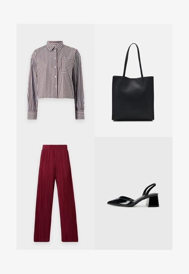 Striped crop shirt in brown and light blue, featuring a collar, front buttons, and a chest pocket with horizontal stripes.; Maroon pleated wide-leg pants with an elastic waistband. Textured fabric features vertical stripes. Straight cut to the hem.; Black patent leather slingback heels with a pointed toe and a geometric block heel. Features a sleek, minimal design and smooth texture.; Black leather tote bag with smooth texture, rectangular shape, and two long handles. No visible hardware or embellishments.