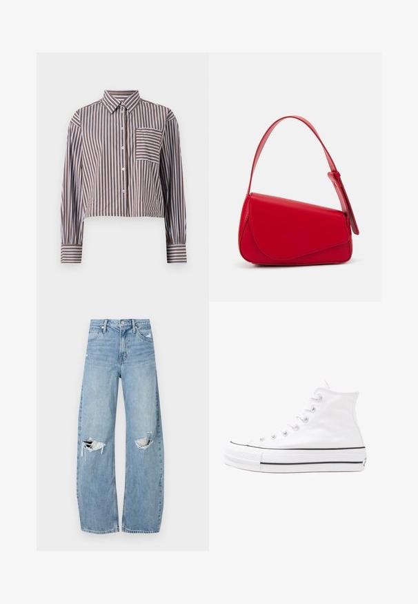 Ribota trumpa marškinėliai rudu ir šviesiai mėlynu atspalviu, su apykakle, priekiniais mygtukais ir krūtine kišene, puošta horizontaliomis juostelėmis.; Šviesiai mėlynos, aukštu juosmeniu džinsai pagaminti iš džinsinio audinio. Turi plačias kojų kelnes, dvi suplėšytas kelio vietas ir klasikinį penkių kišenių dizainą.; Balti aukštakulniai drobės sportbačiai su juodu guminio pado, priekinio guminio piršto dangteliu ir šešiais akytėmis raištams, pasižymintys švariu, minimalistiniu dizainu.; Raudona odinė rankinė su kampuota, geometrine forma. Pasižymi viena reguliuojama dirželiu ir dangteliu su siuvinėtais dekoracijomis.