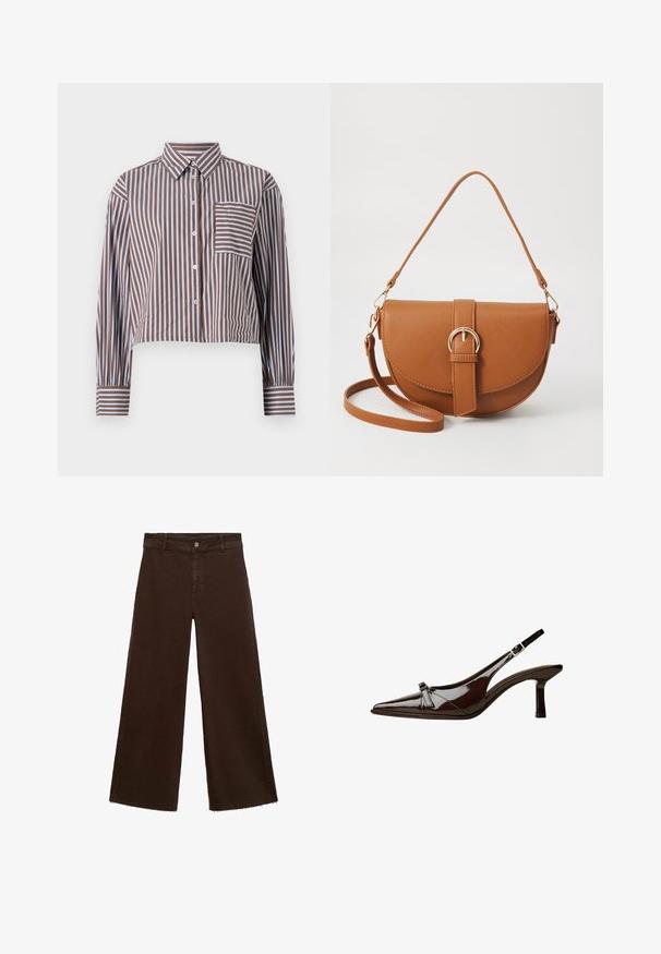 Striped crop shirt in brown and light blue, featuring a collar, front buttons, and a chest pocket with horizontal stripes.; Brown wide-leg trousers in cotton blend, featuring a frayed hem, front button closure, and classic five-pocket design. Minimalistic and versatile.; Brown patent leather slingback shoe with pointed toe, low heel, and a decorative bow accent on the front. Smooth, shiny texture.; Brown leather crossbody bag with a curved shape, gold hardware, and a buckle accent. Features a detachable shoulder strap.
