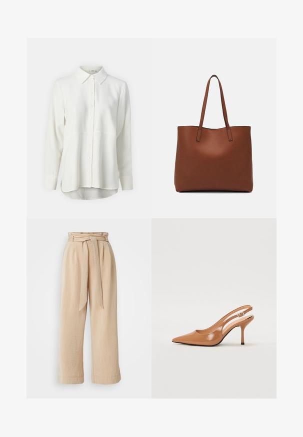 Valge pika varrukaga särk, mis on valmistatud siledast kangast, omab klassikalist kaelust, nööpidega esipaneeli ja ümarat alaosa, mis tagab lõdva istuvuse.; Bežid laiad püksid, millel on rihmaga vöö, valmistatud tekstuurlisest kangast. Omavad esikurtse ja sujuvat viimistlust ääres.; Küüntega slingback konts, mis on valmistatud siledast ja läikivast tan värvi materjalist. Omab kaarjat lõigatud disaini ja õhukest stiletto kontsa. Hõbedane pandla detail.; Pruun nahast tote-kott, millel on sile tekstuur, avatud ülaosa disain ja kaks õlarihma. Omab minimaalset õmblust ja nähtavat riistvara ei ole.