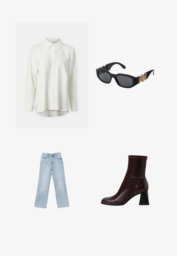Hvid langærmet skjorte lavet af glat stof, med en klassisk krave, knaplukning foran og buet kant for en afslappet pasform.; Lyseblå denimjeans med bred benåbning, slidte detaljer, fem-lomme design og lynlåslukning.; Stradivarius BLOCK - Støvletter - dark red; Sorte solbriller med en kraftig geometrisk ramme, mørke linser og guldmetal detaljer på stængerne med et rundt emblem.; Hvid læder håndtaske med guldfarvede detaljer, en frontlås og sort kant, forsynet med en kædedyse, der bæres crossbody over en lyseblå skjorte.