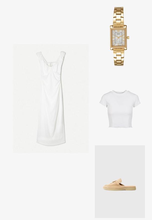 Biała, krótka koszulka z dzianiny prążkowanej. Posiada krótkie rękawy z postrzępionymi brzegami oraz okrągły dekolt z falbanką.; Biała sukienka z dopasowanym topem i lejącą spódnicą. Posiada marszczone detale oraz wiązanie z tyłu, z dekoltem w serek i miękką fakturą.; Beżowe zamszowe buty wsuwane z okrągłym noskiem, dekoracyjnym przeszyciem i złotymi akcentami. Płaska podeszwa i miękkie wykończenie wnętrza.; Biała torebka o zakrzywionym kształcie, ze skórzanym teksturą, złotymi elementami metalowymi oraz odpinanym paskiem z logo i detalami klamry.; Złoty prostokątny zegarek na nadgarstek z białą tarczą, srebrnymi znacznikami godzin i wytrzymałym metalowym bransoletą. Wbudowana funkcja wodoodporna.