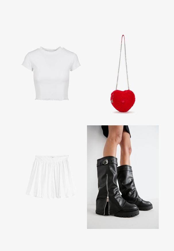 Witte, geknipte t-shirt gemaakt van ribbelstof. Heeft korte mouwen met uitgerafelde randen en een ronde halslijn met een ruchesdetail.; Witte, uitlopende rok van lichtgewicht stof met een elastische tailleband. Heeft een geplooid ontwerp voor volume en vloeiendheid.; Zwarte leren kniehoge laarzen met een brede schacht, voorzien van een zijrits en een gespaccent, met een gestructureerde afwerking en een chunky rubberen zool.; Rode hartvormige handtas met een zachte, pluizige textuur, zilveren kettingriem en een eraan bevestigd hangertje. Kenmerkt zich door een opvallend pompon-detail.