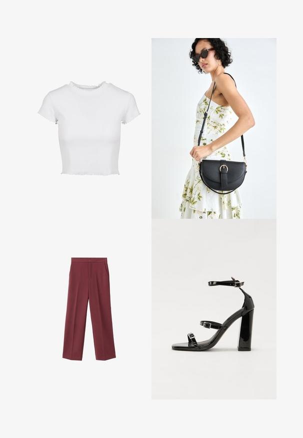 Bijela, skraćena majica od rebrastog materijala. Ima kratke rukave s iznošenim rubovima i okrugli izrez s volanima.; Bordo široke hlače od glatkog materijala, s bočnim džepovima i visokim strukom. Krojene s urednim prednjim pregibom.; Crne lakirane sandale na visoku petu s dva remena s kopčama, kvadratnim vrhom i masivnom blok petom, s glatkom, sjajnom teksturom.; Crna kožna torba s lukovitim oblikom, odvojivim remenom i zlatnim detaljima. Torba ima preklop s kopčom.