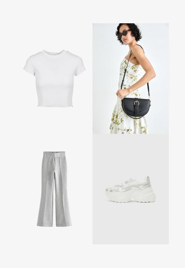 Balta, īsā krekls, izgatavots no ribota auduma. Aprīkots ar īsām piedurknēm ar saplēstām malām un apaļu kakla izgriezumu ar viļņotu detaļu.; Pelēki izflīzēti sporta bikses ar gludu tekstūru, plašu jostu un vertikālām šuvēm, kas piešķir papildu dimensiju.; Sudraba sporta apavi ar teksturētu sieta virsmu un iridescentiem akcentiem, aprīkoti ar masīvu baltu zoli un saistēšanas aizdari.; Melnas ādas rokassoma ar izliekta formu, noņemamu siksnu un zelta aksesuāriem. Somai ir vāciņš ar sprādzes detaļu.