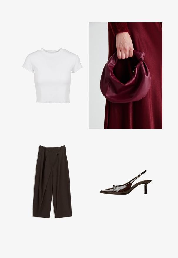 White, cropped t-shirt made of ribbed fabric. Features short sleeves with frayed edges and a round neckline with a ruffled detail.; Dark brown wide-leg trousers with a high waist, featuring a single button closure and a pleated front. Made from lightweight fabric.; Brown patent leather slingback shoe with pointed toe, low heel, and a decorative bow accent on the front. Smooth, shiny texture.; Burgundy leather handbag with a soft, gathered design and a rounded shape. The handle is secured, showcasing a smooth texture.