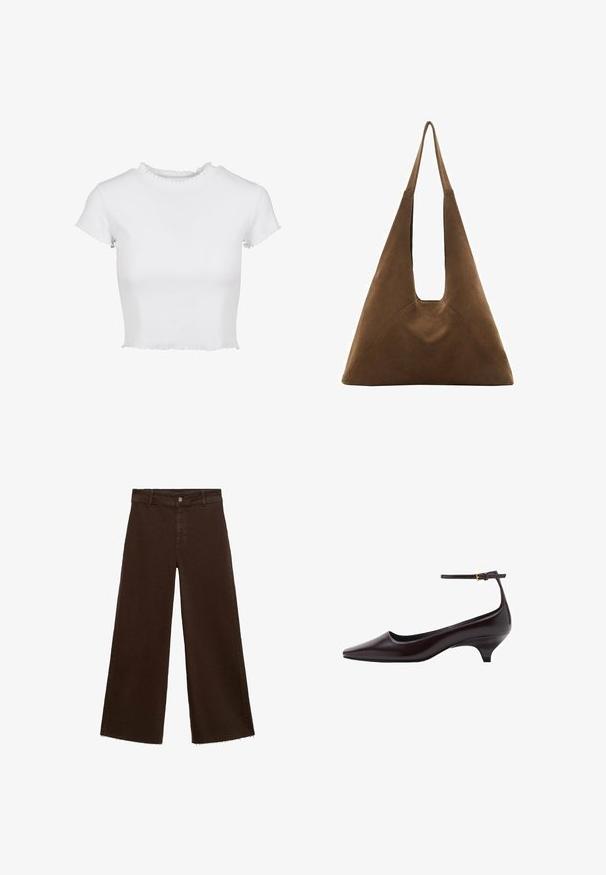 Witte, geknipte t-shirt gemaakt van ribbelstof. Heeft korte mouwen met uitgerafelde randen en een ronde halslijn met een ruchesdetail.; Bruine wijde broek in katoenmix, met een rafelige zoom, sluiting met een knoop aan de voorkant en een klassieke vijf-pocketstijl. Minimalistisch en veelzijdig.; Donkerbruine leren kittenheel schoenen met een spitse neus, een dunne enkelband en een kleine gouden gesp.; Bruine suède schoudertas met een driehoekig ontwerp, verlengde schouderbanden en een grote open bovenkant met een uitgesneden handgreep detail.