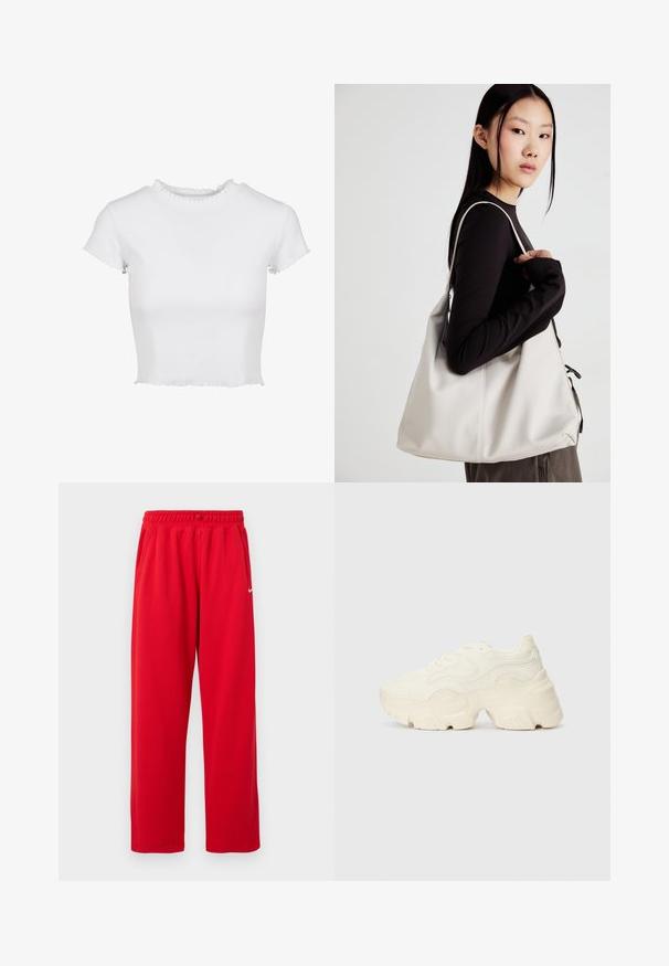 Witte, geknipte t-shirt gemaakt van ribbelstof. Heeft korte mouwen met uitgerafelde randen en een ronde halslijn met een ruchesdetail.; Rode sportieve broek met een elastische tailleband, zijzakken en een wit Nike-logo aan de linkerkant. Gemaakt van een gladde stof.; Chunky witte sneakers gemaakt van geperforeerd mesh en synthetische materialen, met een dikke zool en ingewikkelde patroon details aan de zijkanten.; Beige handtas gemaakt van zacht materiaal, met een slonzig ontwerp, gestikte details en twee schouderbanden. Geschikt voor dagelijks gebruik.
