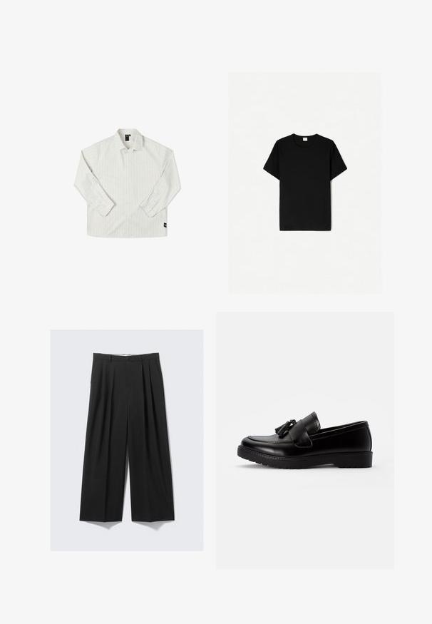 Former ANDERSON - Vapaa-ajan kauluspaita - beige; Musta lyhythihainen t-paita, pyöreä kaula-aukko, valmistettu pehmeästä puuvillamateriaalista, jossa on sileä pinta ja ei näkyviä kuvioita tai yksityiskohtia.; Mustat leveälahkeiset housut, joissa on laskokset, napin sulkija ja vyölenkit, esitettyinä litteänä neutraalilla taustalla.; Mustat nahkasiistit kengät, joissa on litteä pohja, koristeellinen tupsu kengän suussa ja ommeltu yksityiskohta reunoilla.