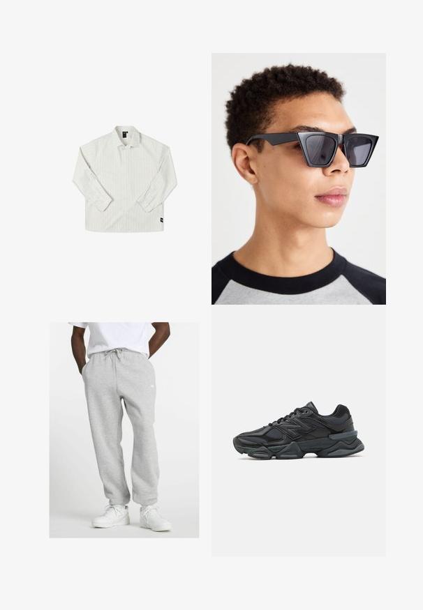 Former ANDERSON - Camicia - beige; Uomo che indossa pantaloni della tuta grigio chiaro con cordino e sneaker bianche, in piedi con le mani in tasca su uno sfondo bianco.; Scarpa da corsa nera con una combinazione di materiali in rete e sintetici, suola spessa, design curvo e marchio ben visibile sul lato.; Occhiali da sole neri angolari con lenti scure, caratterizzati da un audace design geometrico e una finitura opaca. Indossati da una persona con capelli corti.