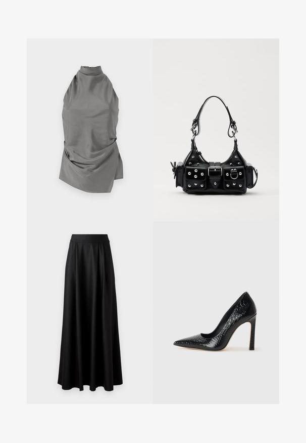 CLOSED HALTER NECK - Bluse - led grey; Sort, gulvlange nederdel med en glat tekstur, bred taljeelastik og plisseret design, uden synlige mønstre eller udsmykninger.; Sorte spidse tå stiletto-sko i krokodilleskind med et strømlinet design, høj hæl og glat sort inderside.; Sort læderhåndtaske med et buet design, prydet med sølvfarvede nitter, en spænde og to sidelommer. Justerbar rem til forskellige bære muligheder.